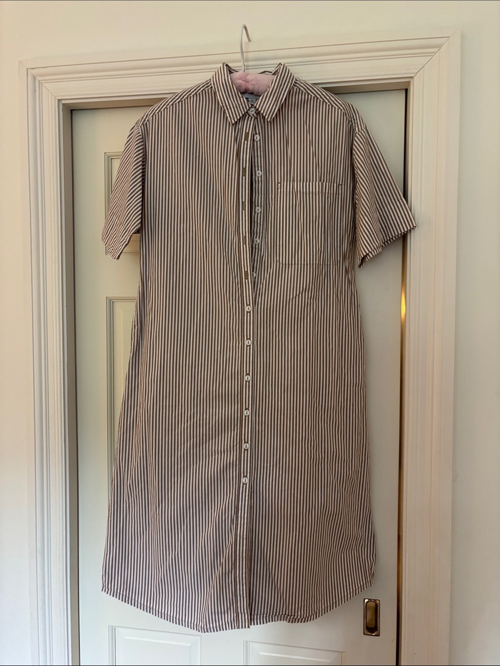 Casual Striped Button-Down Shirt Dress - Beige/White